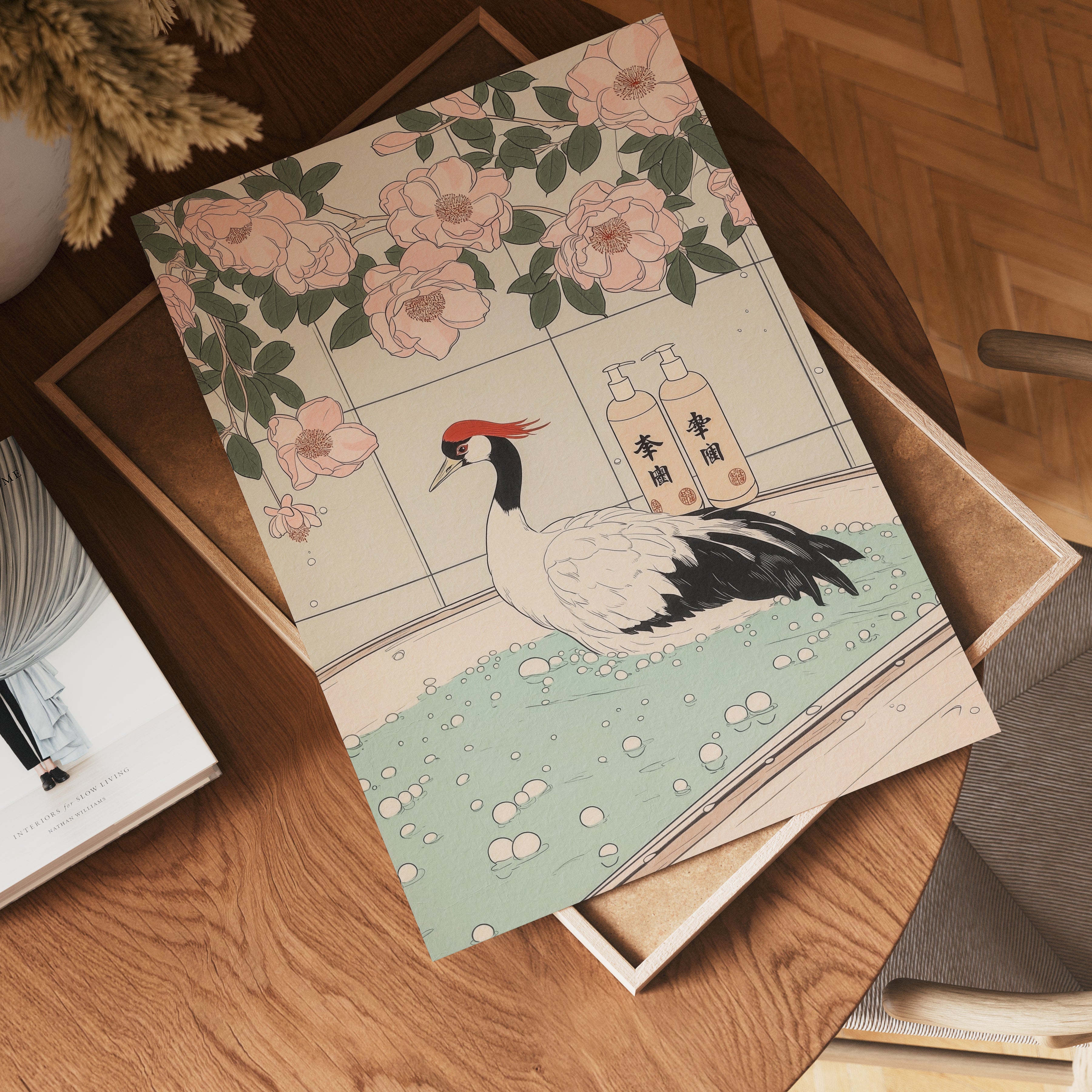 Crane In Blossom Bath Poster