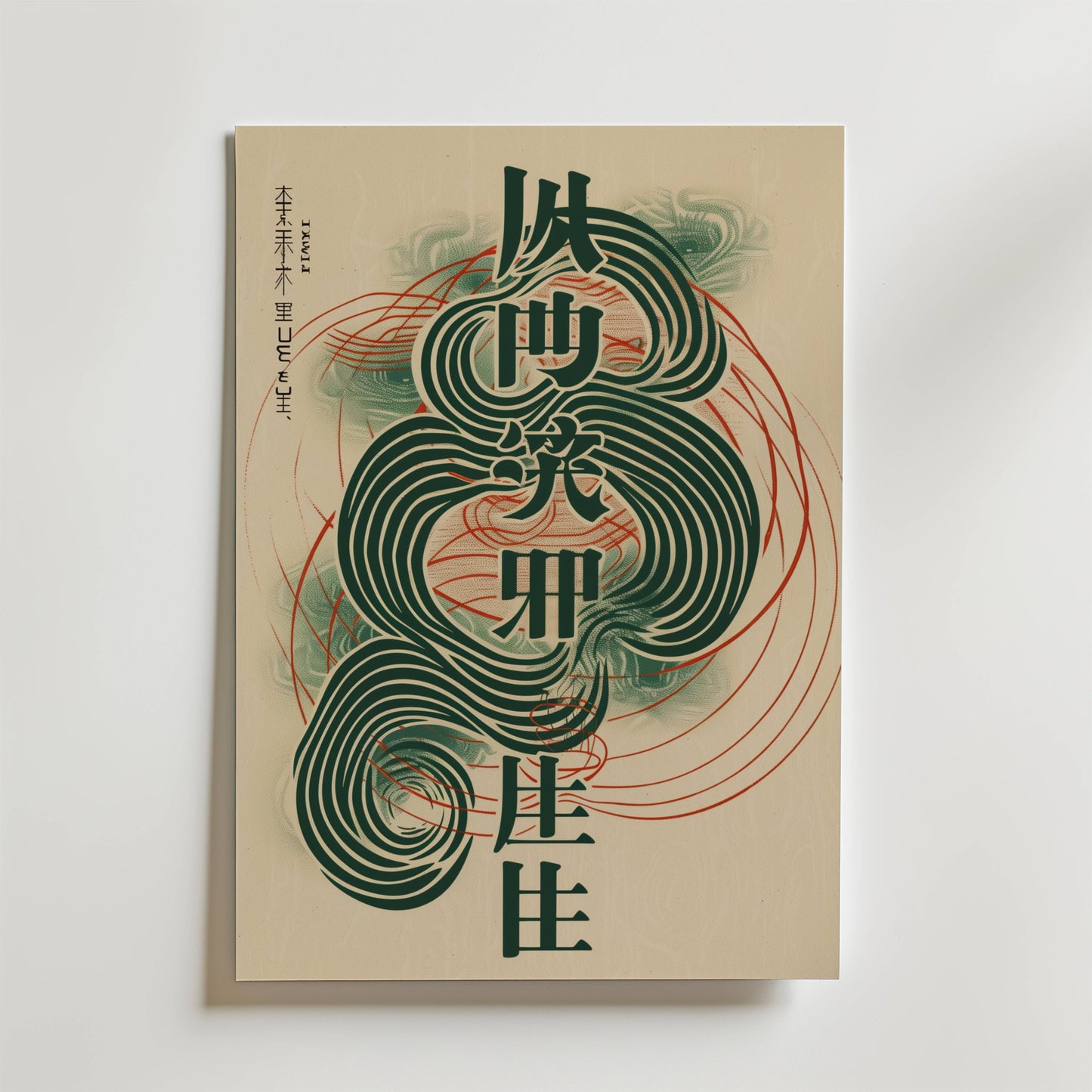 Bozetto West Asia Quote Poster har en abstrakt design med virvlande gröna och röda linjer och djärva, mörkgröna kinesiska tecken vertikalt placerade på en beige bakgrund, på en vit yta.