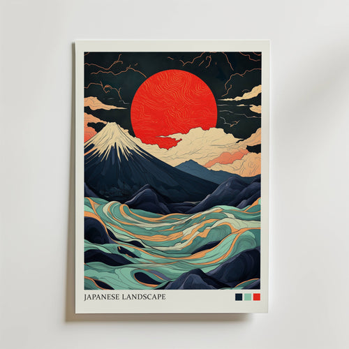 Bozetto's Japanese Landscape Abstract Poster har en modern, stiliserad japansk scen med en röd sol, snöiga Mount Fuji, virvlande vågor, dramatiska moln och "JAPANESE LANDSCAPE" längst ner.