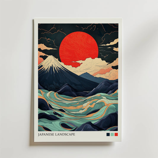 Bozetto's Japanese Landscape Abstract Poster har en modern, stiliserad japansk scen med en röd sol, snöiga Mount Fuji, virvlande vågor, dramatiska moln och "JAPANESE LANDSCAPE" längst ner.