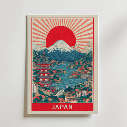 Bozetto Japanese Red Sun Poster har en design i vintagestil med Mount Fuji, en röd sol med strålar, körsbärsblommor, pagoder, fet "JAPAN"-text och en slående röd, blå och krämfärgad palett.