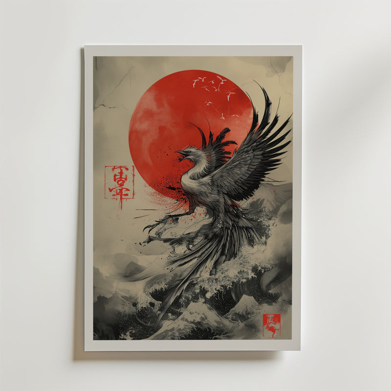 Bozetto Japan Phoenix Poster visar en svart fenixfågel som svävar över vågorna med en röd sol, flygande fåglar och japanska kalligrafistämplar, som symboliserar mytologi och återfödelse på en ljus bakgrund.