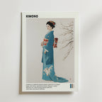Bozetto Japanese Kimono Poster föreställer en kvinna i en blå blommig kimono bredvid en blommande gren, med titeln "KIMONO" och beskrivande text, vilket ger elegant asiatiskinspirerad konst till ditt rum.