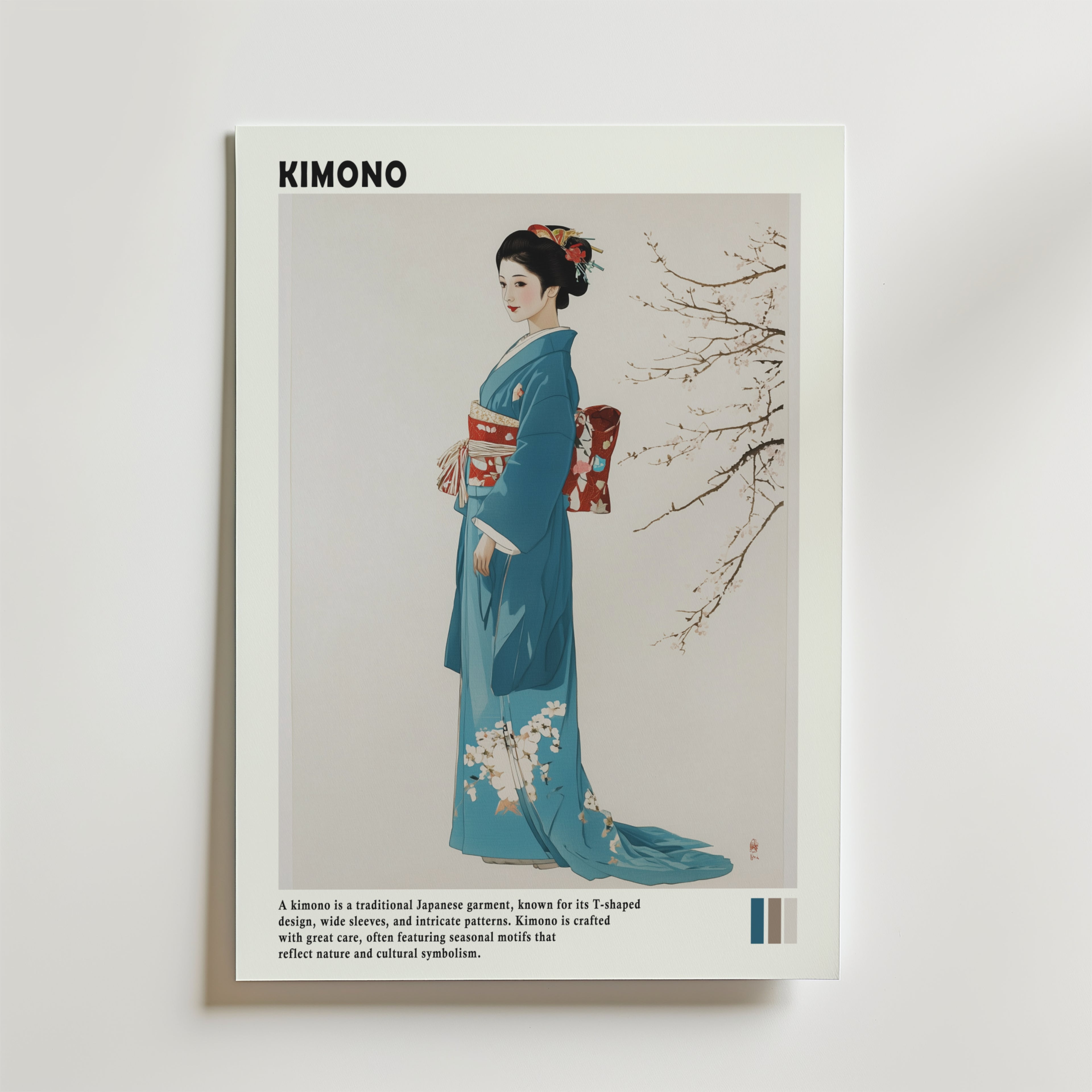 Bozetto Japanese Kimono Poster föreställer en kvinna i en blå blommig kimono bredvid en blommande gren, med titeln "KIMONO" och beskrivande text, vilket ger elegant asiatiskinspirerad konst till ditt rum.