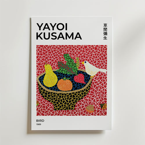 Yayoi Kusama Polka Feast Poster by Bozetto har japanska tecken, Kusamas namn, levande frukter och en fågel samt titeln BIRD (1989), tryckt på FSC-certifierat premiumpapper för en högkvalitativ finish.
