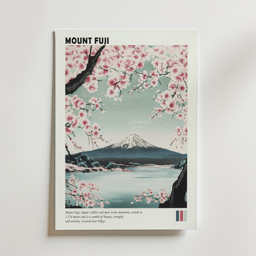 Mount Fuji Japan Poster från Bozetto visar det ikoniska berget inramat av blommande körsbärsblommor, en stilla sjö och klar himmel. Texten lyfter fram Mount Fuji som Japans högsta och mest kända topp.