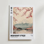 Mount Fuji Poster från Bozetto föreställer körsbärsträd framför Fuji, japansk elegans med japanska tecken, fet text "Mount Fuji Cherry Blooms" och "Tokyo 1988" på en pastellfärgad bakgrund.