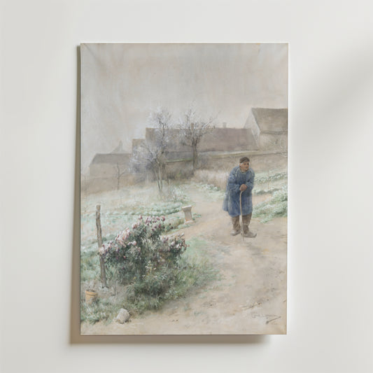 Bozetto Carl Larsson November Poster föreställer en äldre person i blå kappa med käpp som går på en dimmig stig bland hus, kala träd och blommande blommor och fångar årstidernas växlingar.
