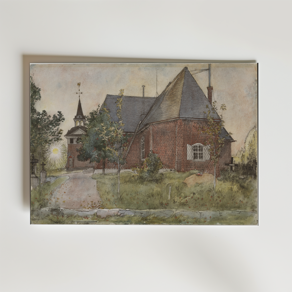Bozetto Carl Larsson Old Sundborn Church Poster föreställer en akvarell av en röd tegelkyrka med torn, bland grönska och små träd under en ljus himmel, inspirerad av Larssons klassiska svenska stil.