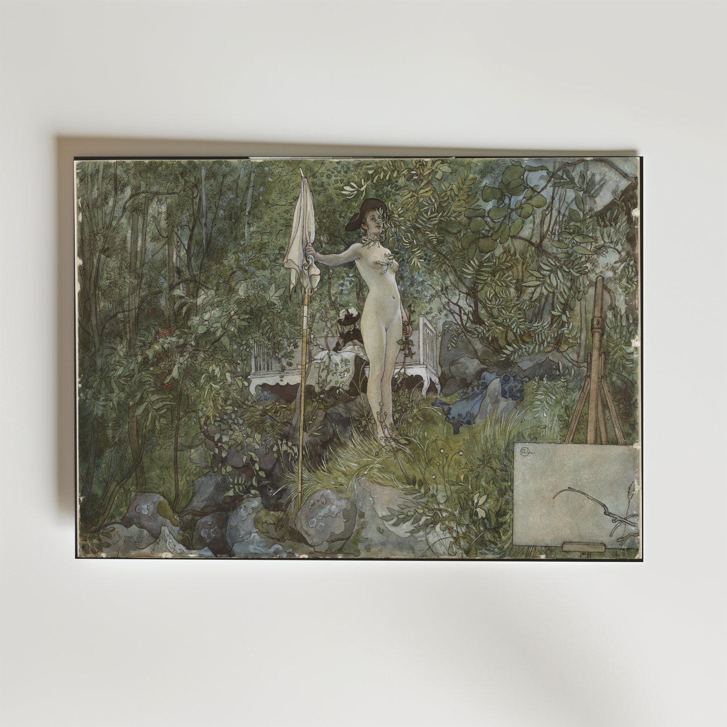 Bozetto Carl Larsson Open-Air Studio Poster föreställer en naken kvinna utomhus med en vit flagga, omgiven av träd och buskar nära ett konstnärsstaffli, vilket fångar en lugn och kreativ scen.