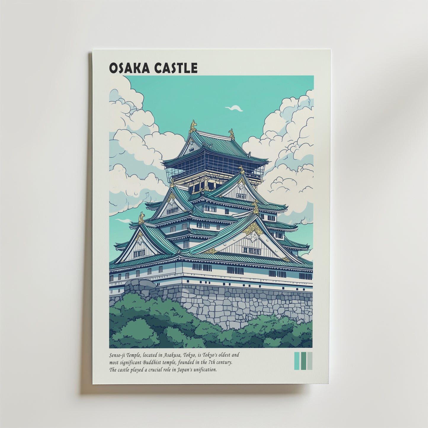 Bozetto Osaka Castle Poster visar landmärkets ikoniska tak med flera våningar, utsmyckade detaljer och historiska stenfundament, mot en blå himmel med moln och text om dess kulturella betydelse i Japan.