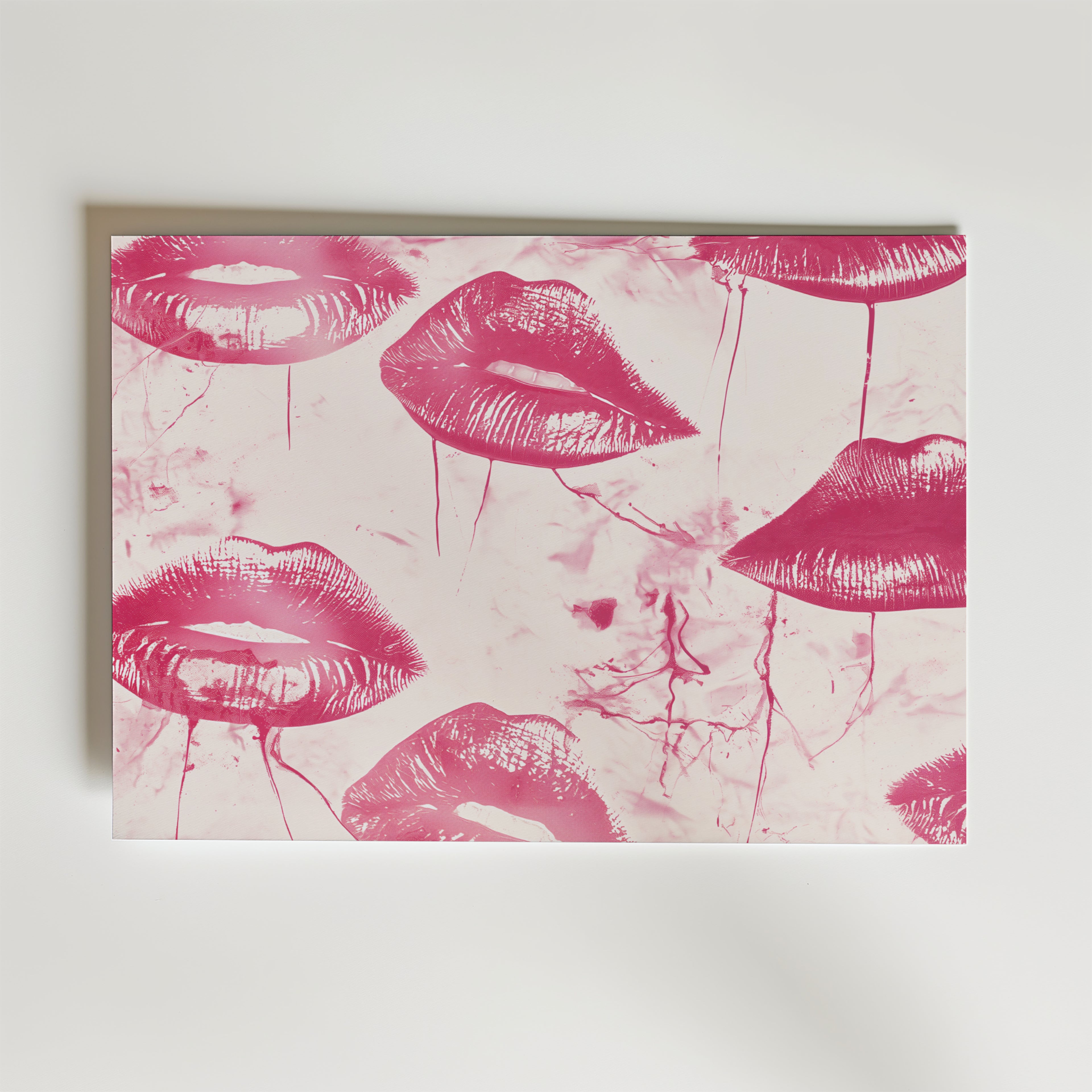Bozetto Lip Stains Poster föreställer rosa läppar och abstrakta bläcklinjer på en vit bakgrund - en perfekt romantisk väggdekoration.