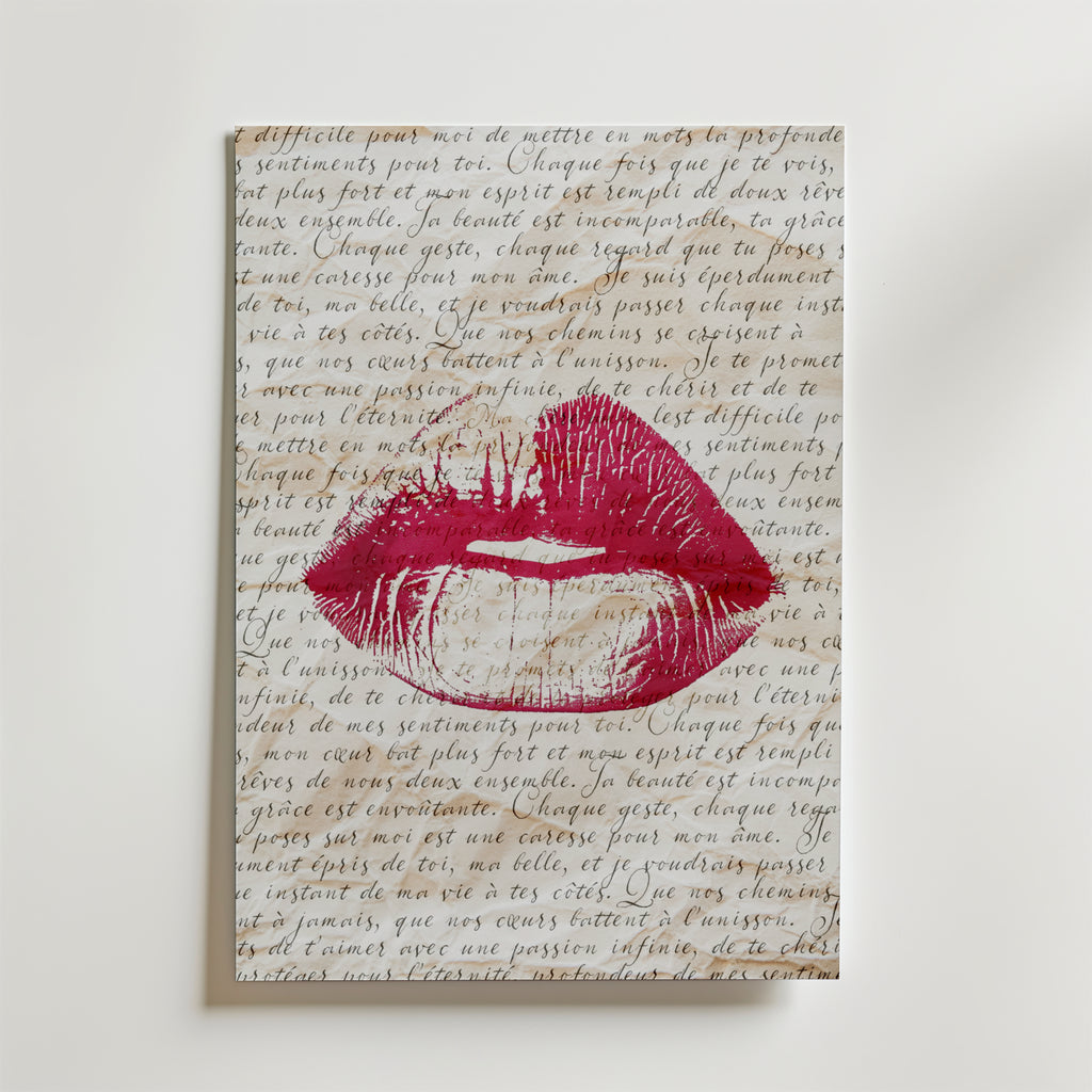 Crimson Kiss Poster by Bozetto har ett rött läppavtryck på en handskriven kursiv bakgrund och ger vintage charm och romantiska vibbar till alla rum med sin vita canvas design.