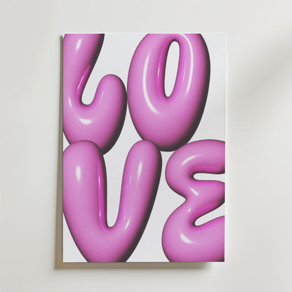 Bubble Love Poster från Bozetto visar ordet LOVE i stora, glänsande rosa ballongliknande bokstäver på en krispigt vit bakgrund - perfekt som LOVE-dekoration för alla utrymmen.