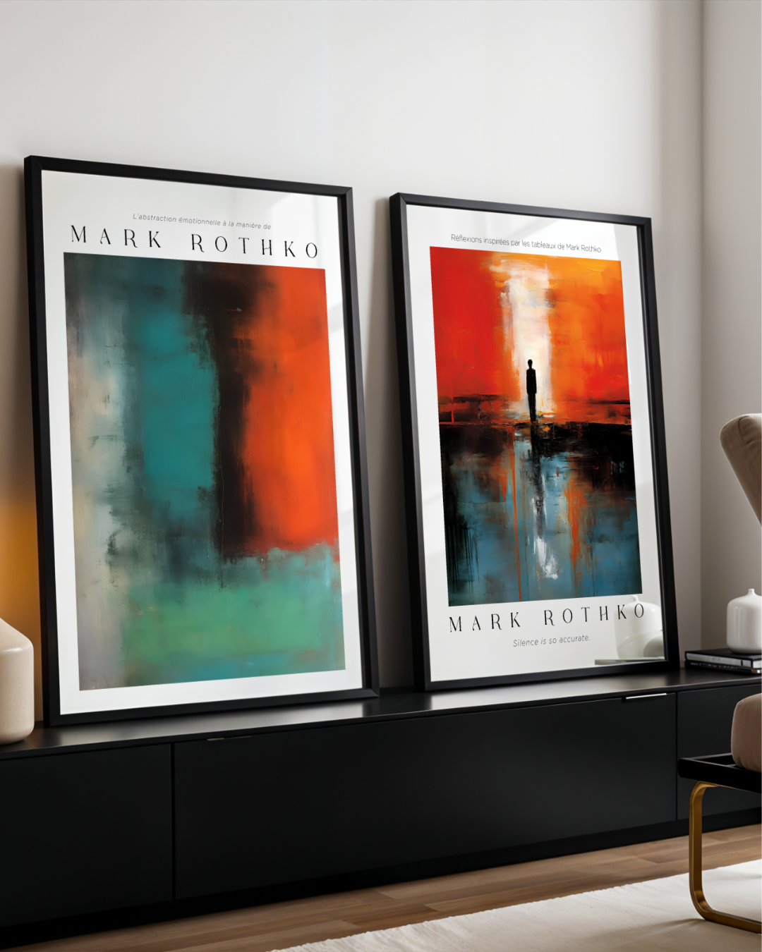 Bozetto Bundle 2-pack Mark Rothko No. 1 innehåller två inramade posters: en med blågrön, orange och svart abstrakt konst, den andra föreställer en figur på en brygga i solnedgången - ett slående tillägg till alla tavelväggar.