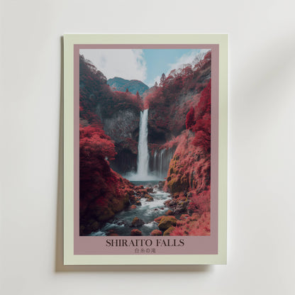 Bozetto Shiraito Falls Poster föreställer ett högt vattenfall bland rödtonade lövverk och stenig terräng, med avlägsna berg under en molnig himmel. "SHIRAITO FALLS" och japansk text visas längst ner.