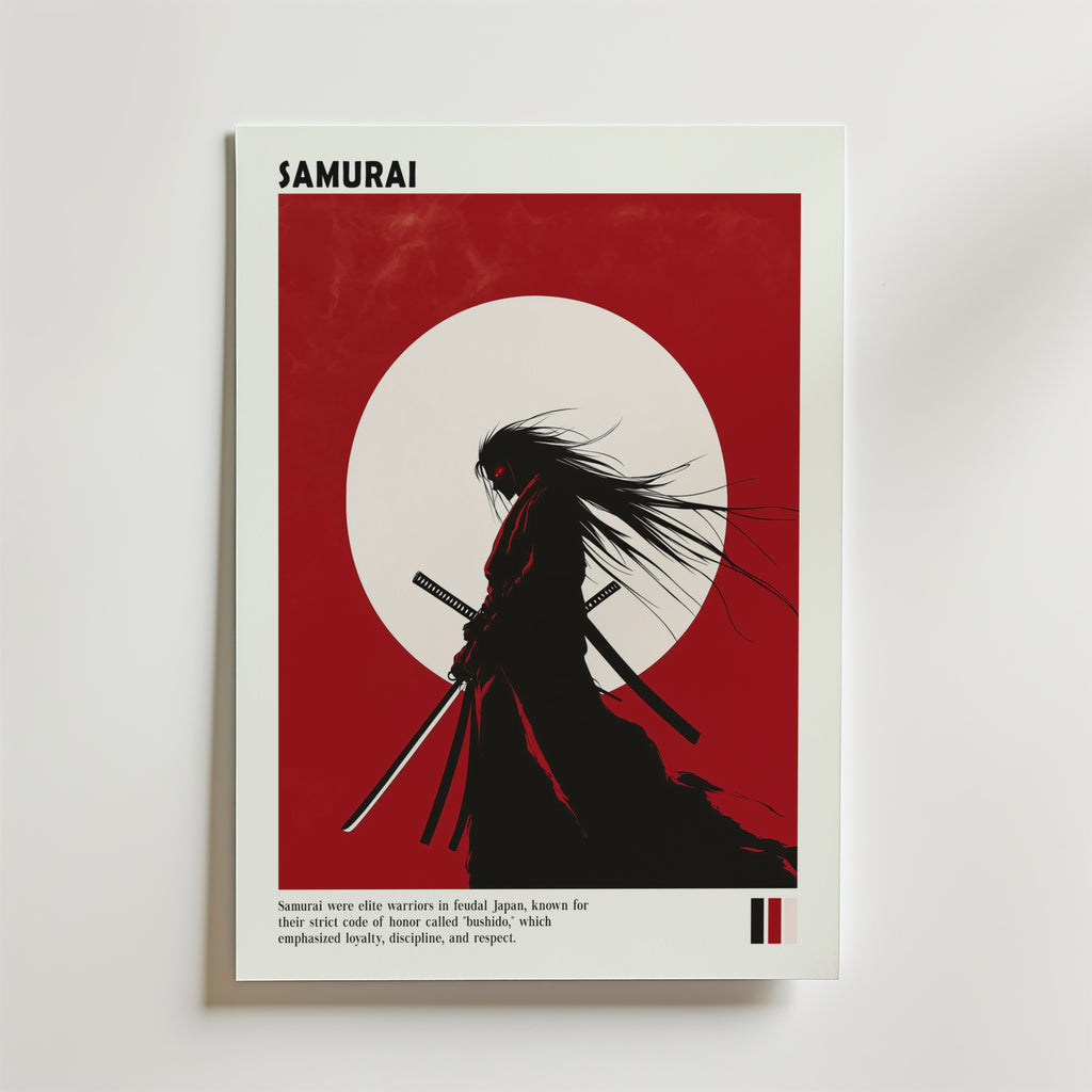 Samurai Warrior Poster från Bozetto visar en slående samurajsilhuett med två svärd mot en röd och vit bakgrund och kombinerar modern design med japansk konst. Postern heter SAMURAI och innehåller en kort beskrivning nedan. Perfekt för modern inredning.