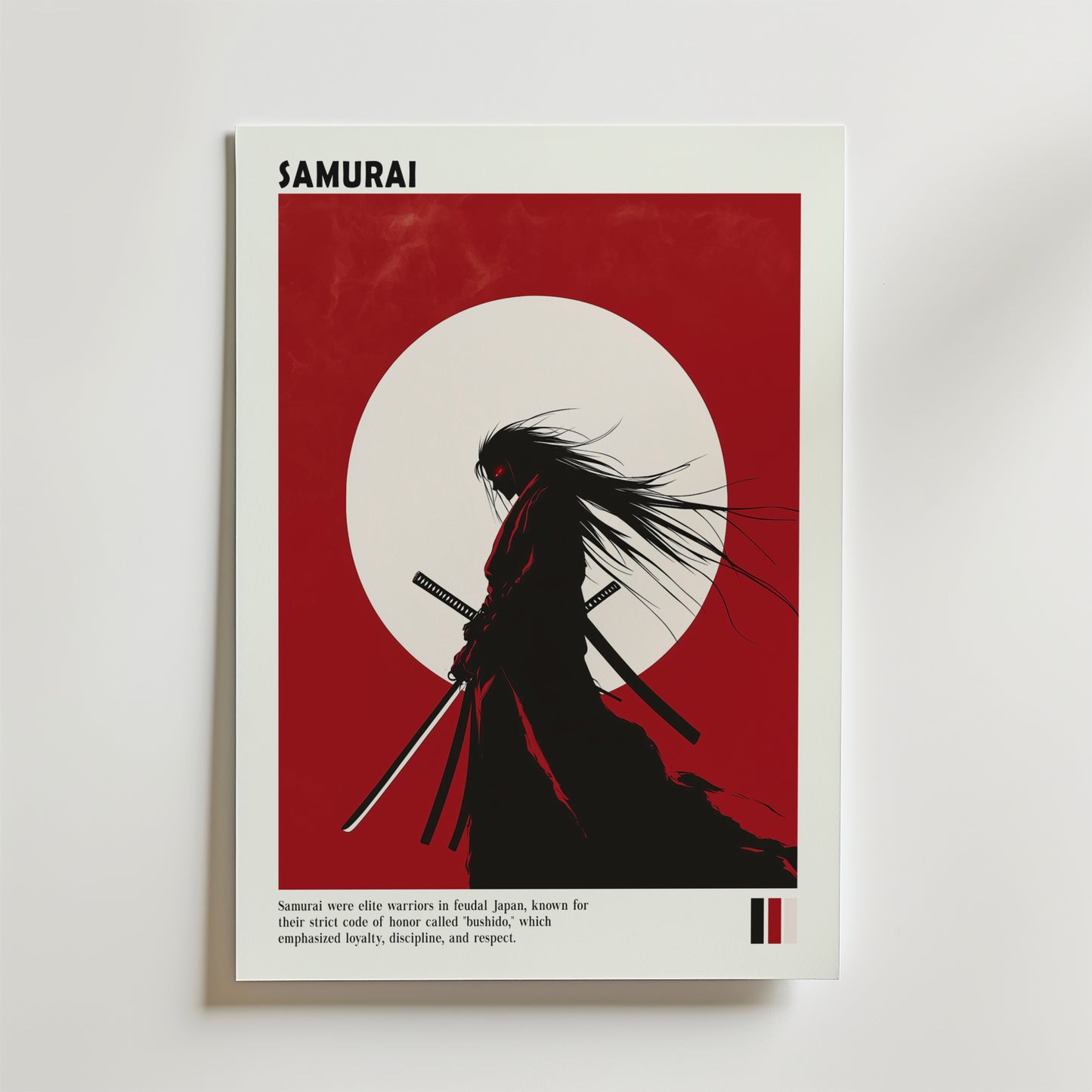 Samurai Warrior Poster från Bozetto visar en slående samurajsilhuett med två svärd mot en röd och vit bakgrund och kombinerar modern design med japansk konst. Postern heter SAMURAI och innehåller en kort beskrivning nedan. Perfekt för modern inredning.
