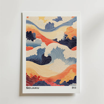Seijaku Wave Poster från Bozetto har livfulla abstrakta vågor i blått, orange och grädde inspirerade av japanska träsnitt. SEIJAKU och dess kanji visas på den vita kanten - perfekt för österländsk inredning.