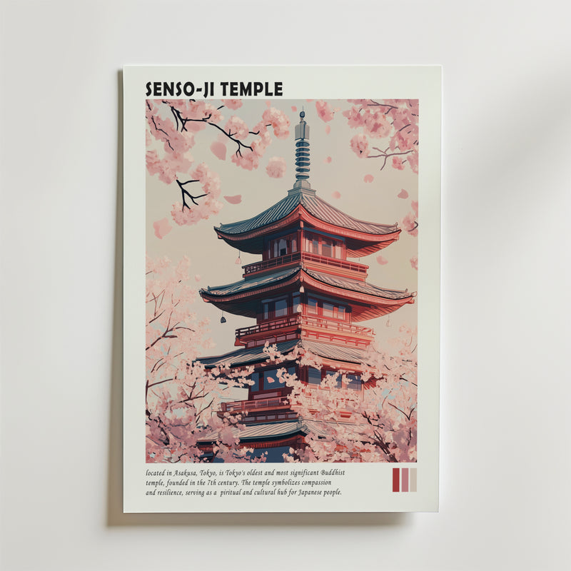 Bozetto Tokyo Temple Poster föreställer Senso-ji's pagod bland blommande körsbärsblommor under en ljusrosa himmel, med "SENSO-JI TEMPLE" som titel och en kort beskrivning under den eleganta Tokyo-inspirerade bilden.