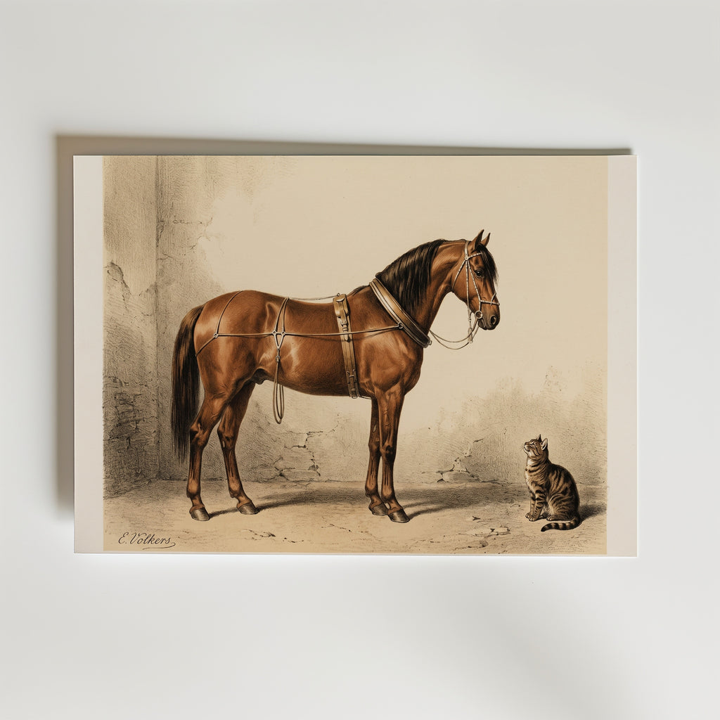 Stable Companions Poster – brun häst och katt i klassisk vintagestil