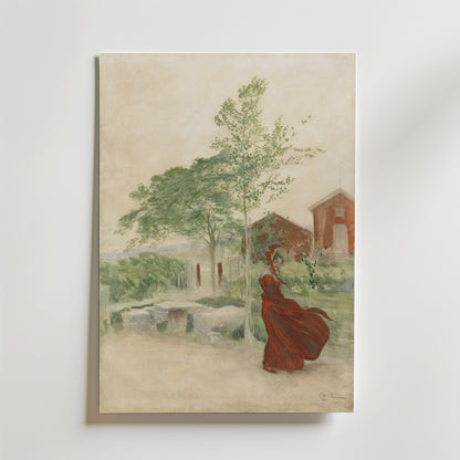 Bozetto Carl Larsson Stina 1895 Poster föreställer en kvinna i en röd klänning nära ett träd och ett rustikt staket, med grönska och röda byggnader, som fångar värmen och charmen av en svensk sommar under en ljus himmel.