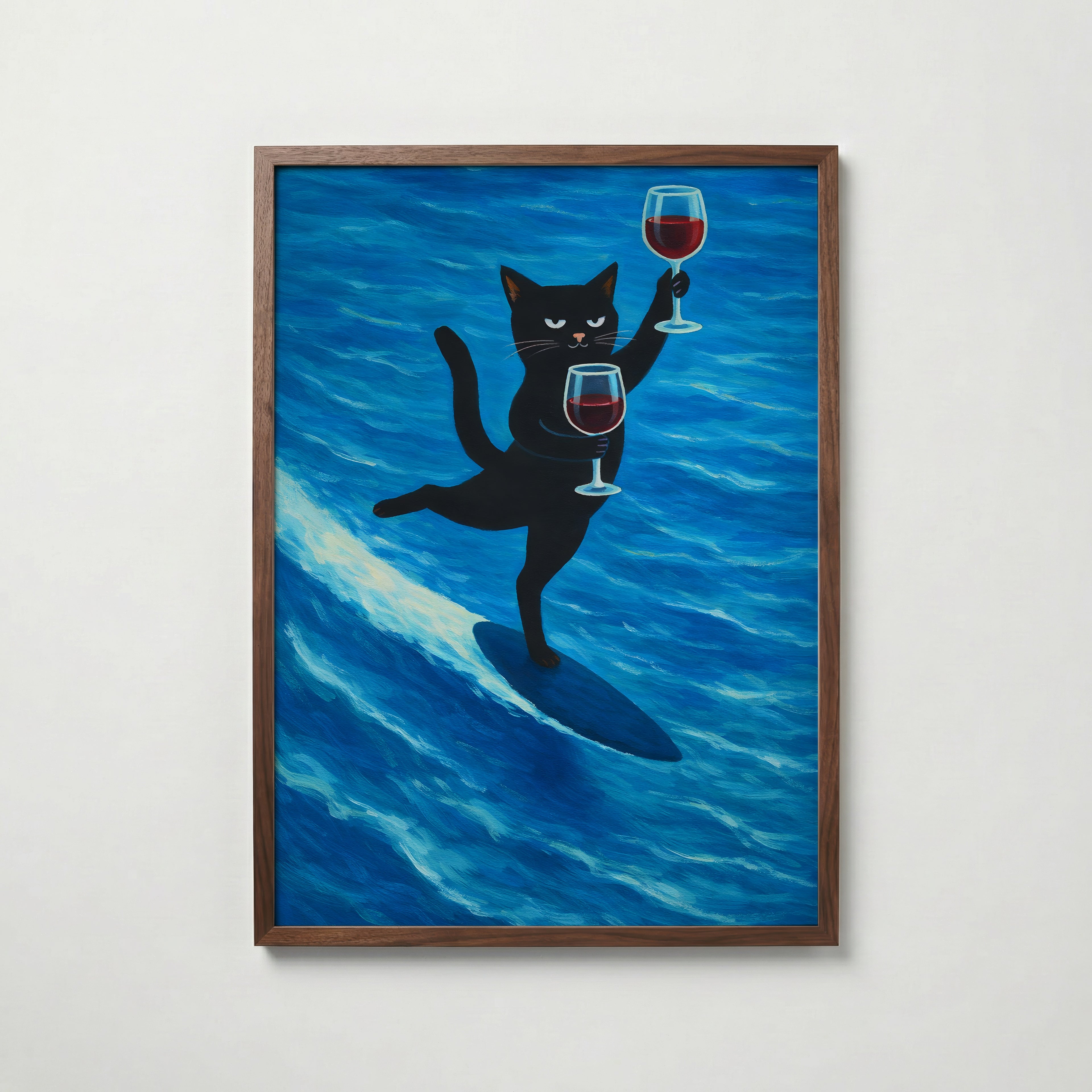 Surfing Wine Cat Poster – köp affisch till hemmet – Bozetto väggdekoration