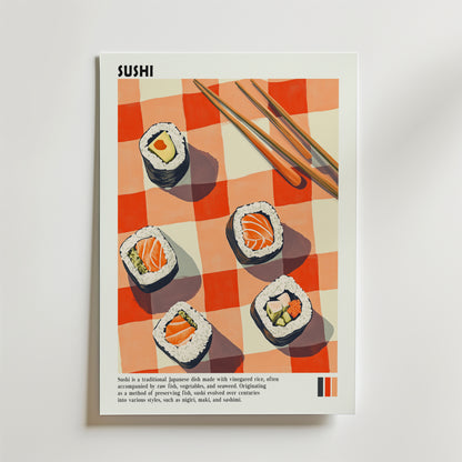 Postern Quiet Picnic in Tokyo Poster från Bozetto visar sushirullar på en röd och vit picknickduk, ätpinnar bredvid och minimalistisk japansk estetik. Ett textblock längst ner beskriver sushi och dess ingredienser.