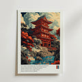 Bozetto Tranquil Kyoto Temple Poster föreställer en stiliserad japansk pagod bland lummiga träd och en damm, i starka röda och gröna nyanser. Text och färgprover visas under bilden på en ren vit bakgrund.