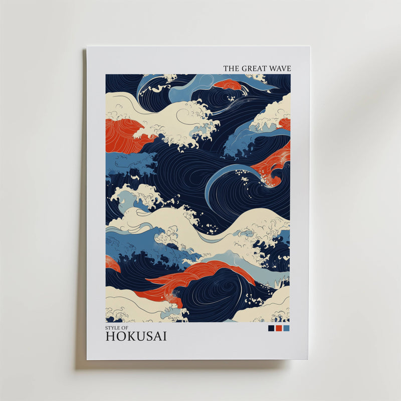 Bozetto Hokusai The Great Wave Poster föreställer virvlande blå, krämfärgade och röda vågor i ett stiliserat mönster inspirerat av Den stora vågen, med "THE GREAT WAVE" och "STYLE OF HOKUSAI" - en hyllning till ikonisk japansk konst.
