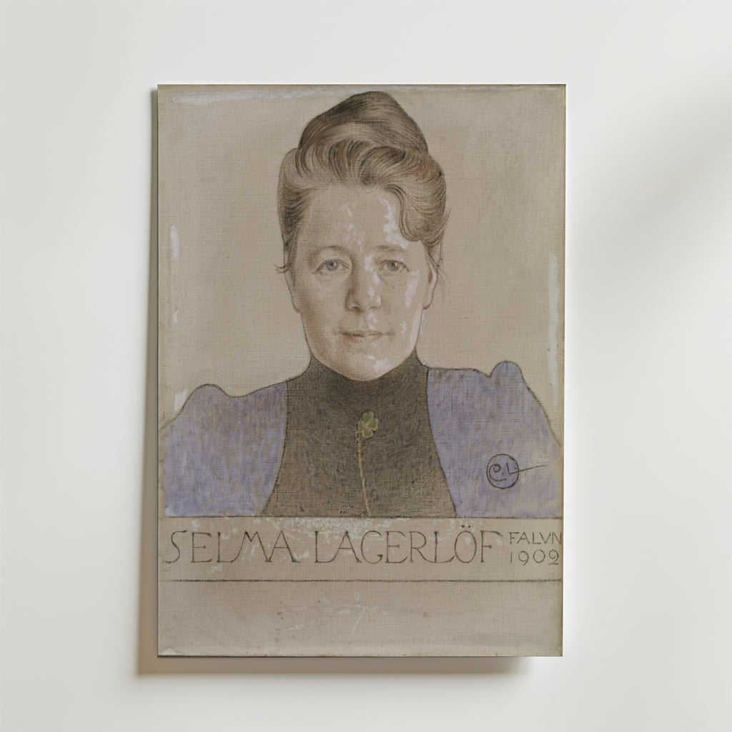 Bozetto Carl Larsson "The Author Selma Lagerlöf" Poster föreställer ett målat porträtt av Selma Lagerlöf med texten "Selma Lagerlöf Falun 1902" under - en stilfull hyllning till skandinavisk kultur för alla väggar.