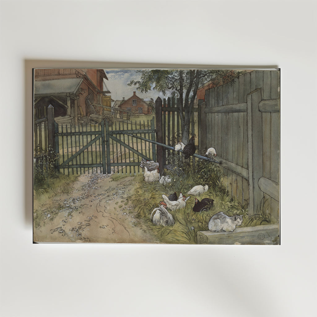 Carl Larsson The Bridge Poster by Bozetto visar en charmig lantlig scen med höns och tuppar vid ett trästaket, lador, träd och ett hus under en ljus himmel - perfekt för att addera lantlig inredning till ditt hem.