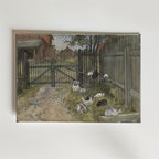 Carl Larsson The Bridge Poster by Bozetto visar en charmig lantlig scen med höns och tuppar vid ett trästaket, lador, träd och ett hus under en ljus himmel - perfekt för att addera lantlig inredning till ditt hem.