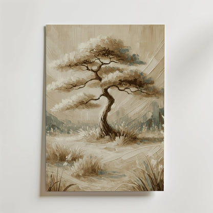 En sepiatonad Bozetto Serene Nature Tree Poster, med ett ensamt vridet träd med skira bladverk på gräs, målad med mjuka penseldrag, hänger på en vit vägg - tryckt på FSC-certifierat premiumpapper.