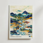 Bozetto "View of Japanese Grasslands Poster" har djärva konturer och livfulla mönster för att avbilda Japans inre gräsmarker, med slingrande floder, böljande kullar och dynamiska moln som fångar naturens rytm.