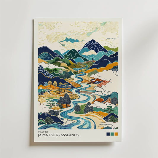 Bozetto "View of Japanese Grasslands Poster" har djärva konturer och livfulla mönster för att avbilda Japans inre gräsmarker, med slingrande floder, böljande kullar och dynamiska moln som fångar naturens rytm.