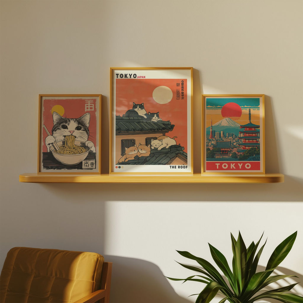 Bozettos Bundle 3-pack Japandi No. 6 innehåller inramade tavlor: en katt som äter nudlar, katter på ett tak i Tokyo med en röd sol och en stadsbild i Tokyo med pagoder, alla i japandistil - solljuset kastar skuggor över en stol och en växt nedanför.