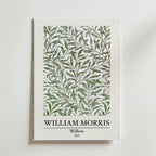 Bozetto William Morris Willow Poster visar en intrikat design av pilblad i grön toner, med "WILLIAM MORRIS Willow 1872" tryckt under konstverket på en vit bakgrund.