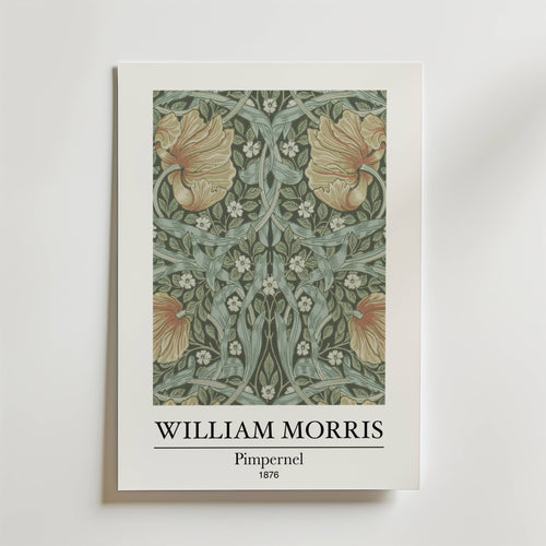 Bozetto William Morris Pimpernel Poster har konstnärens blomsterdesign från 1876 med gula och persikofärgade blommor, gröna blad på en ljus bakgrund och en vit ram som visar konstnärens namn och titel.