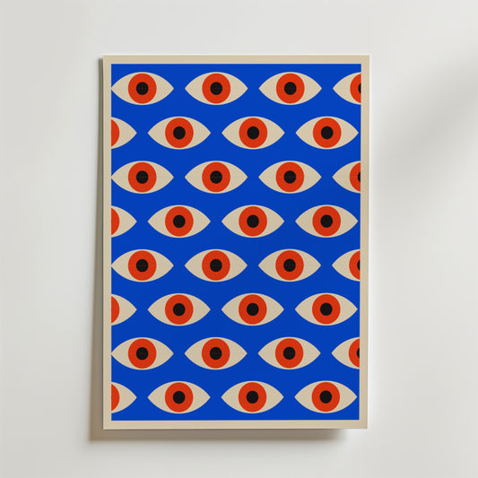 Bozetto Bauhaus Pattern Eyes Poster visar stiliserade ögon med röd iris och svarta pupiller på ljusblå botten och ger en modern känsla till alla rum med sin slående design. Perfekt som inramat grafiskt konstverk för snygg inredning.