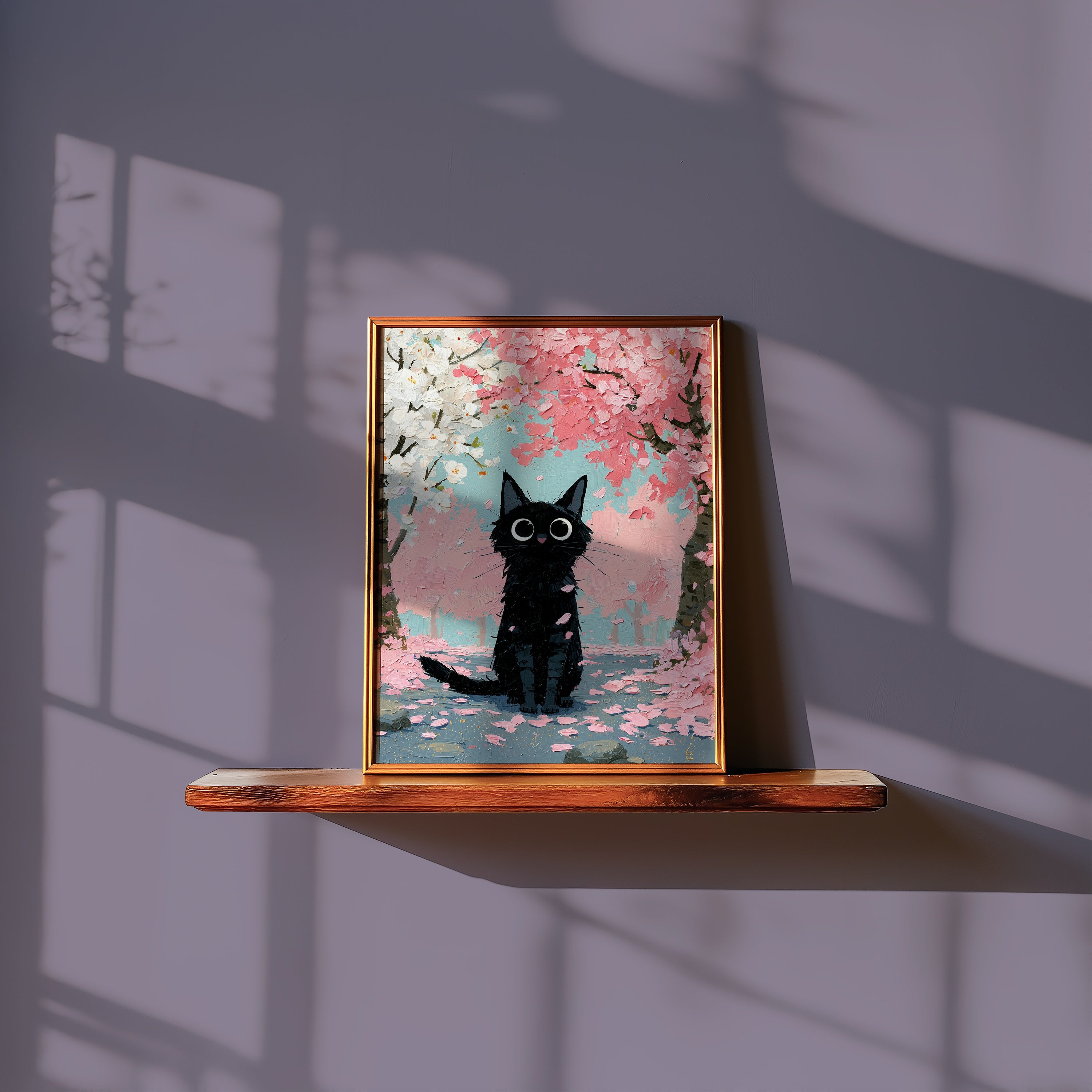 Cat in Apple Orchard Poster som inredningsdetalj over en soffa