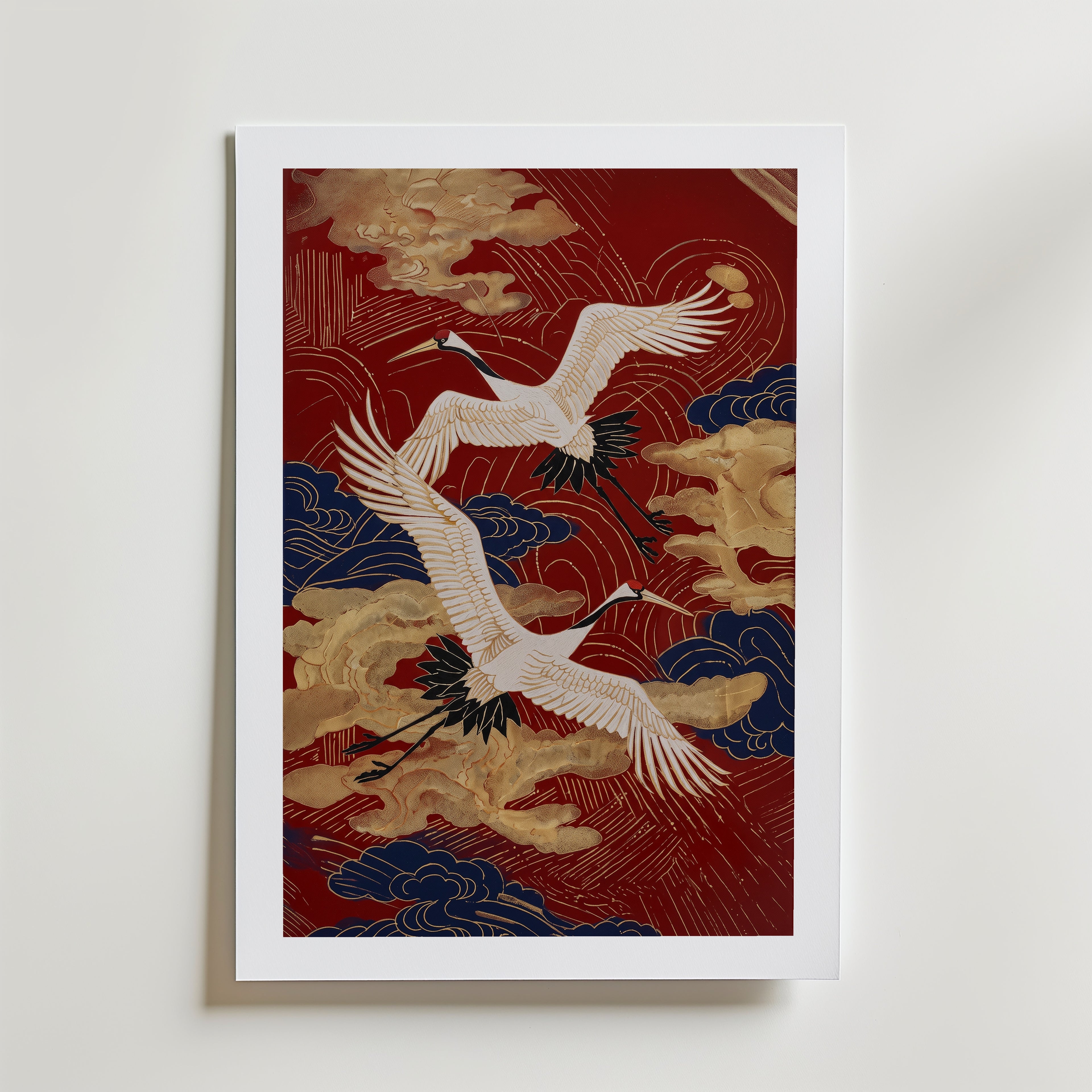 Crimson Cranes Poster – med passepartout