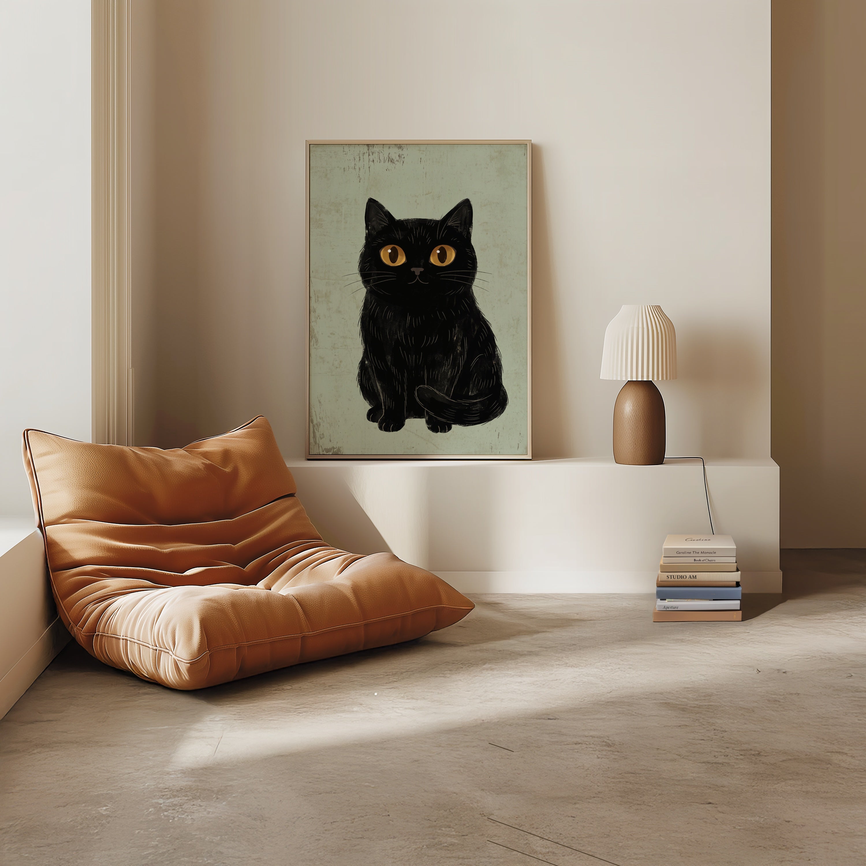 Curious Cat Poster, naivistisk svart katt med stora gula ögon på vägg i hemmiljö, konsttryck från Bozetto