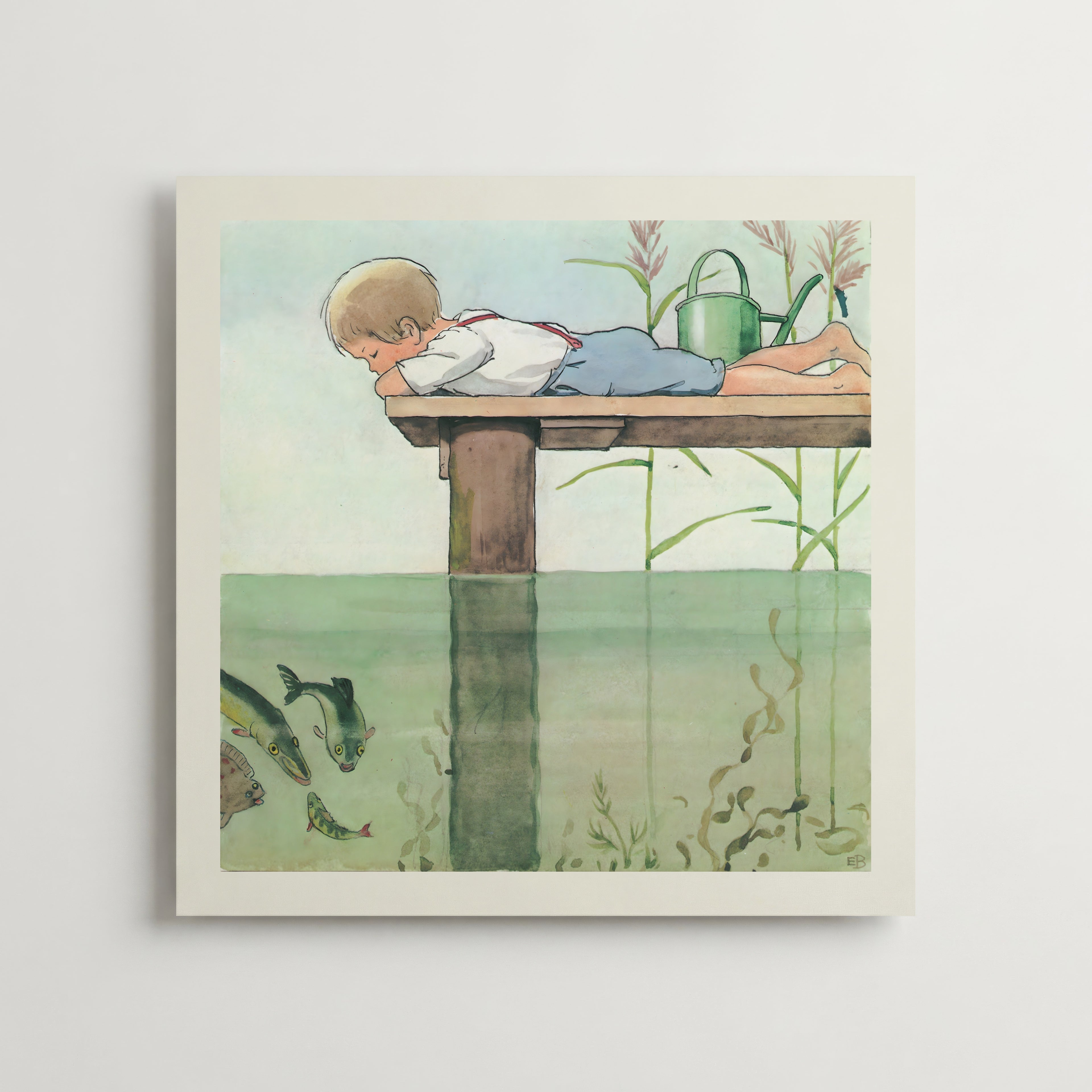 Elsa Beskow Olle vid bryggan Poster – En stillsam och poetisk illustration av Elsa Beskow där lilla Olle ligger på en brygga