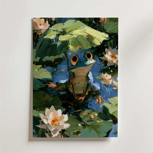 Frog in the Lily Pond Poster, groda under nackrosblad bland vattenliljor, konsttryck fran Bozetto