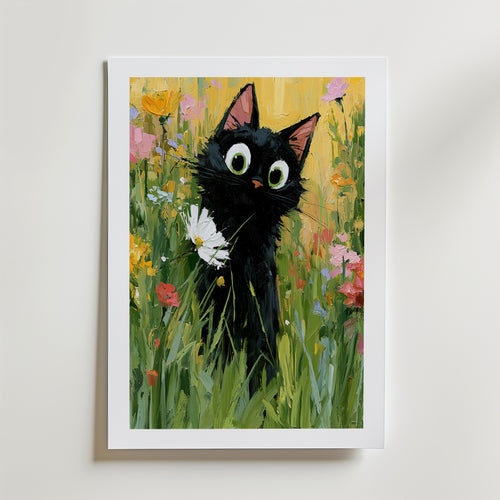 Garden Cat with White Flower Poster – med passepartout