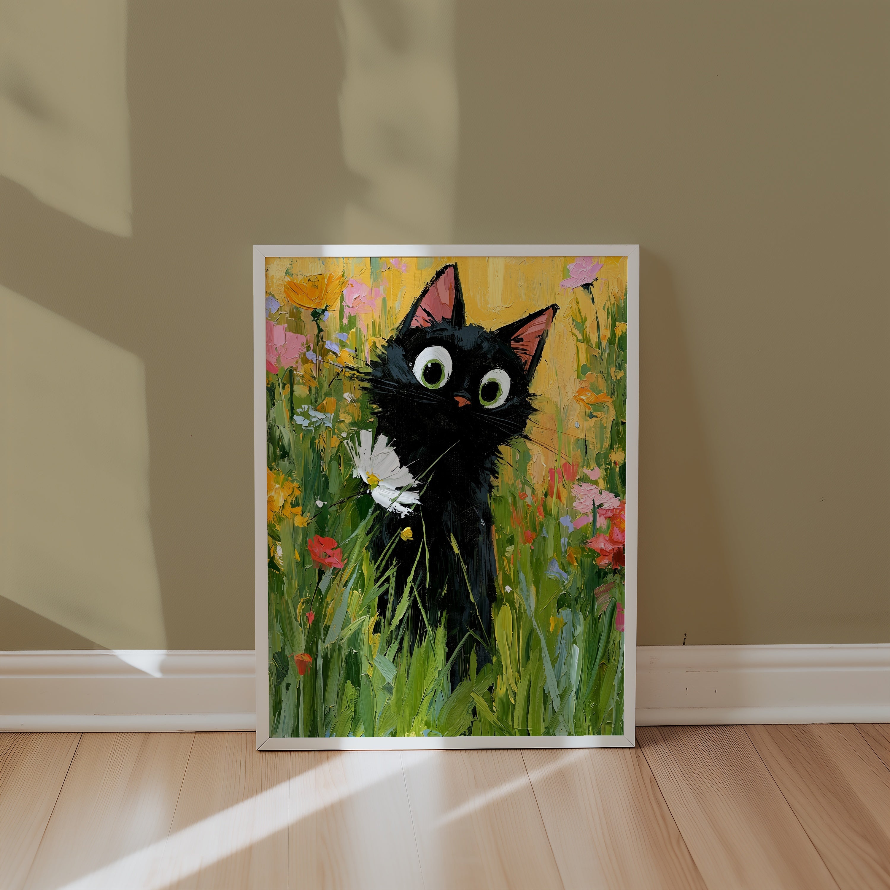 Garden Cat with White Flower Poster i ram i inrett rum