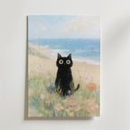 Seaside Meadow Cat Poster – En mjuk och drömsk poster som föreställer en svart katt sittandes i en blomstrande äng med