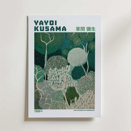 Mockup av Yayoi Kusama Emerald Canopy affisch på vägg – köp enkelt hos Bozetto i hög kvalitet