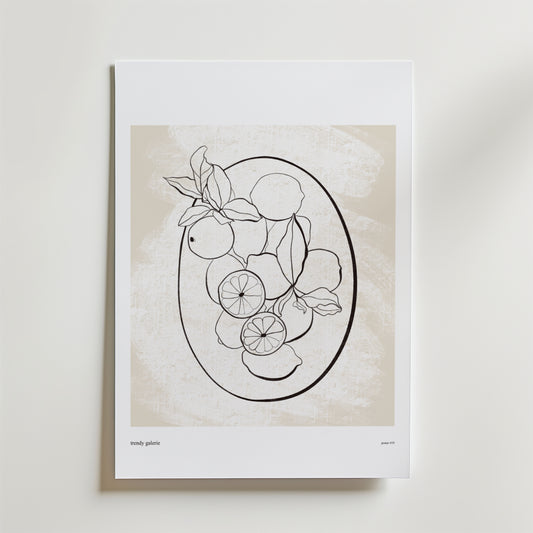 Oval Garden Poster by Bozetto har en minimalistisk grafisk konst med svarta linjer av citrusfrukter och blad i en oval på en beige texturerad bakgrund, komplett med en bred vit kant - perfekt för naturmotiv-fans.